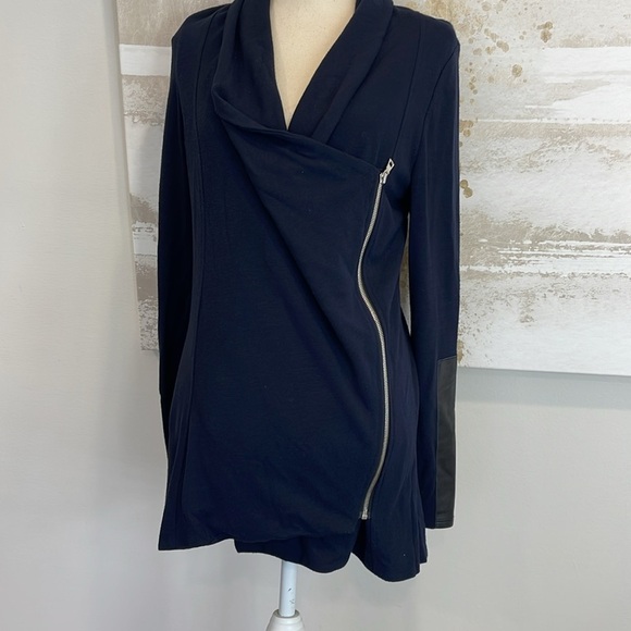 Fifteen Twenty Navy Side Zip Sweater Jacket  Lambs Leather Arm size small - Picture 2 of 6